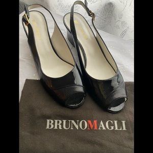 Bruno Magli Black leather peep toe wedge heels